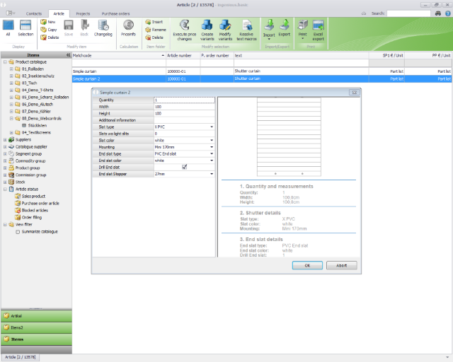 Representation of a product configurator in the ingenious.basic client